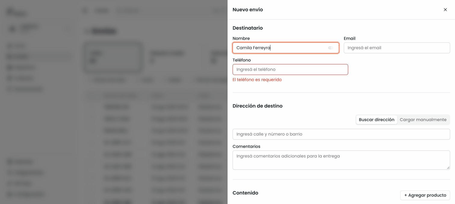 Carga de los datos del destinatario