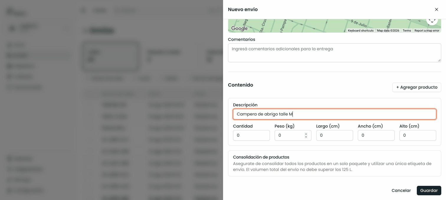 Carga del contenido con cantidad, peso y medidas